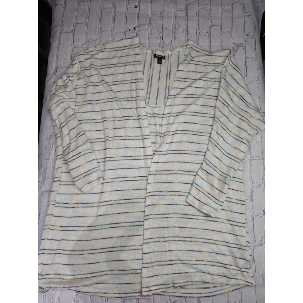 Torrid Size 2 Open Cardigan Dolman Sleeve White Multicolor Stripes Lightweight